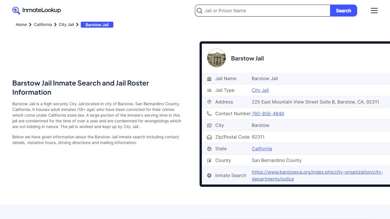 Barstow Jail Inmate Search and Jail Roster Information